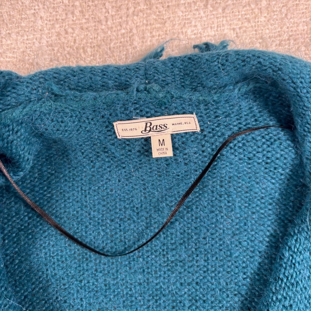 bass blue knit scarf cardigan fringe open front boho chic quiet luxury shawl - Picture 4 of 8